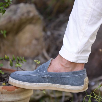 Chaussures homme ELITO EL-2530-D-VTF en cuir suédé bleu, mocassin élégant avec semelle tressée