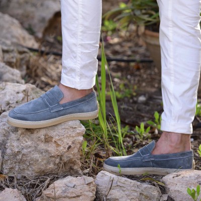 Chaussures homme ELITO EL-2530-D-VTF en cuir suédé bleu, mocassin élégant avec semelle tressée