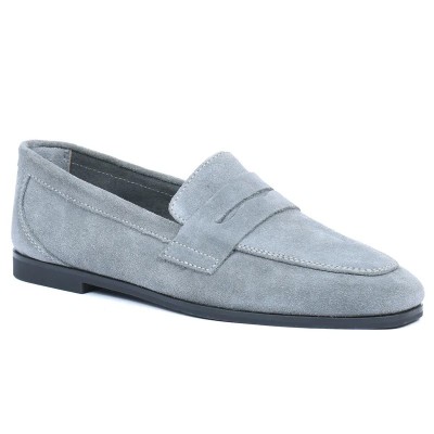 Mocassin Penny Loafer plat en daim (cuir velours) gris clair pour femme Andrea Bruni, référence AB-BAL6-DG Mocassin Penny Loafer plat en daim (cuir velours) gris clair pour femme Andrea Bruni, référence AB-BAL6-DG