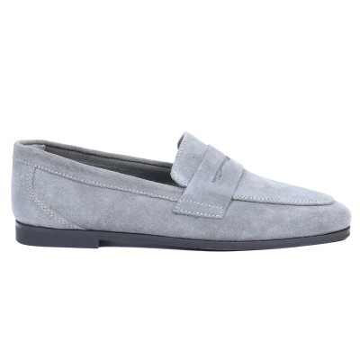 Mocassin Penny Loafer plat en daim (cuir velours) gris clair pour femme Andrea Bruni, référence AB-BAL6-DG Mocassin Penny Loafer plat en daim (cuir velours) gris clair pour femme Andrea Bruni, référence AB-BAL6-DG
