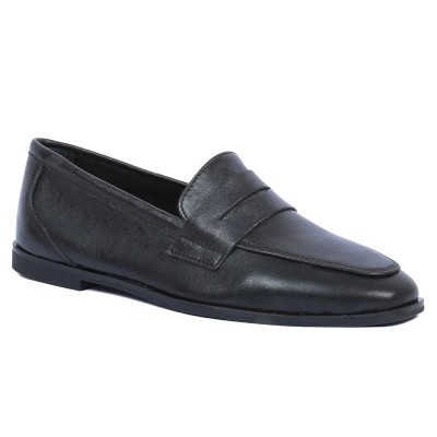 Mocassin Penny Loafer plat femme Andrea Bruni en cuir lisse noir, semelle fine. Chaussure classique. Réf. AB-BAL6-N. Mocassin Penny Loafer plat femme Andrea Bruni en cuir lisse noir, semelle fine. Chaussure classique. Réf. AB-BAL6-N.