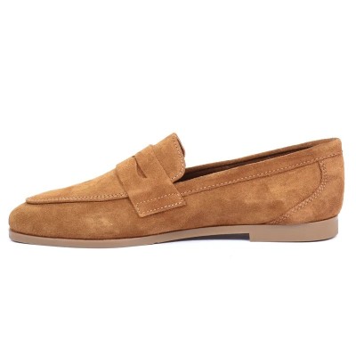Mocassin Penny Loafer plat femme Andrea Bruni en daim camel, semelle fine marron clair Chaussure élégante Réf AB-BAL6-DC Mocassin Penny Loafer plat femme Andrea Bruni en daim camel, semelle fine marron clair Chaussure élégante Réf AB-BAL6-DC