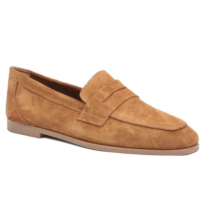 Mocassin Penny Loafer plat femme Andrea Bruni en daim camel, semelle fine marron clair Chaussure élégante Réf AB-BAL6-DC Mocassin Penny Loafer plat femme Andrea Bruni en daim camel, semelle fine marron clair Chaussure élégante Réf AB-BAL6-DC
