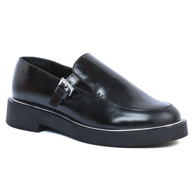 Mocassin plateforme femme Andrea Bruni en cuir lisse noir, bride décorative à boucle, semelle crantée. Réf. AB-360-3-N. Mocassin plateforme femme Andrea Bruni en cuir lisse noir, bride décorative à boucle, semelle crantée. Réf. AB-360-3-N.
