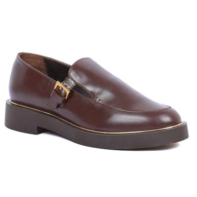 Mocassin plateforme femme Andrea Bruni en cuir marron foncé, bride décorative à boucle dorée. Réf. AB-360-3-M. Mocassin plateforme femme Andrea Bruni en cuir marron foncé, bride décorative à boucle dorée. Réf. AB-360-3-M.