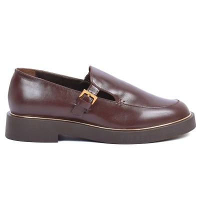 Mocassin plateforme femme Andrea Bruni en cuir marron foncé, bride décorative à boucle dorée. Réf. AB-360-3-M. Mocassin plateforme femme Andrea Bruni en cuir marron foncé, bride décorative à boucle dorée. Réf. AB-360-3-M.