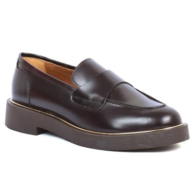 Mocassin Penny Loafer femme Andrea Bruni 100% cuir marron foncé, semelle épaisse noire avec liseré doré. Réf. AB-360-4-M. Mocassin Penny Loafer femme Andrea Bruni 100% cuir marron foncé, semelle épaisse noire avec liseré doré. Réf. AB-360-4-M.