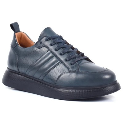 Chaussure de ville décontractée Sneaker en cuir bleu marine patiné pour homme avec semelle plateforme noire épaisse Chaussure de ville décontractée Sneaker en cuir bleu marine patiné pour homme avec semelle plateforme noire épaisse