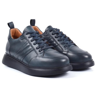 Chaussure de ville décontractée Sneaker en cuir bleu marine patiné pour homme avec semelle plateforme noire épaisse Chaussure de ville décontractée Sneaker en cuir bleu marine patiné pour homme avec semelle plateforme noire épaisse