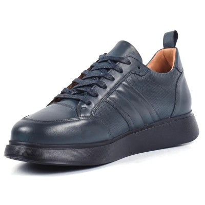 Chaussure de ville décontractée Sneaker en cuir bleu marine patiné pour homme avec semelle plateforme noire épaisse Chaussure de ville décontractée Sneaker en cuir bleu marine patiné pour homme avec semelle plateforme noire épaisse