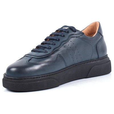 Chaussure de ville décontractée Sneaker en cuir bleu nuit pour homme, à lacets, avec semelle plateforme noire Chaussure de ville décontractée Sneaker en cuir bleu nuit pour homme, à lacets, avec semelle plateforme noire