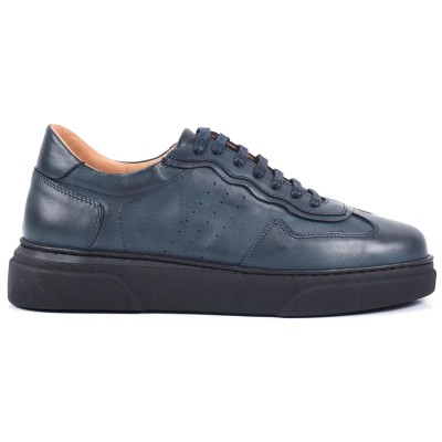 Chaussure de ville décontractée Sneaker en cuir bleu nuit pour homme, à lacets, avec semelle plateforme noire Chaussure de ville décontractée Sneaker en cuir bleu nuit pour homme, à lacets, avec semelle plateforme noire