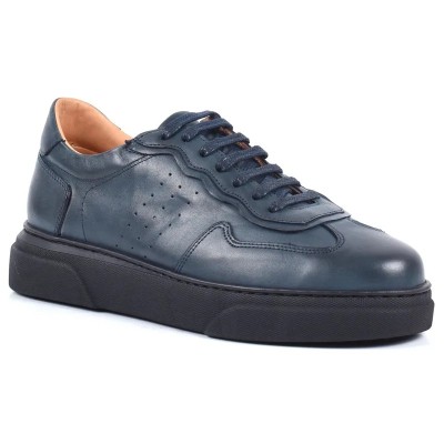 Chaussure de ville décontractée Sneaker en cuir bleu nuit pour homme, à lacets, avec semelle plateforme noire Chaussure de ville décontractée Sneaker en cuir bleu nuit pour homme, à lacets, avec semelle plateforme noire