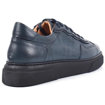 Chaussure de ville décontractée Sneaker en cuir bleu nuit pour homme, à lacets, avec semelle plateforme noire Chaussure de ville décontractée Sneaker en cuir bleu nuit pour homme, à lacets, avec semelle plateforme noire