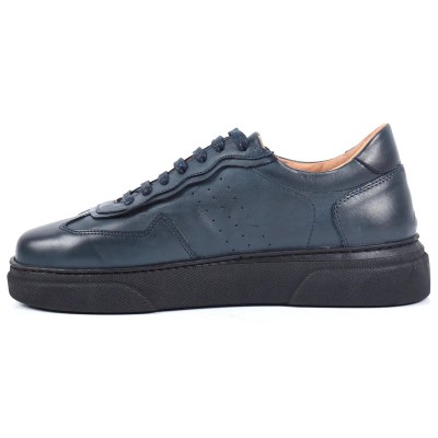 Chaussure de ville décontractée Sneaker en cuir bleu nuit pour homme, à lacets, avec semelle plateforme noire Chaussure de ville décontractée Sneaker en cuir bleu nuit pour homme, à lacets, avec semelle plateforme noire