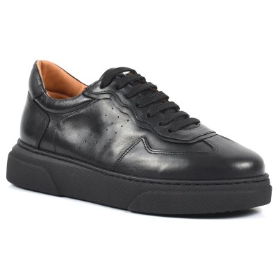 Chaussure de ville décontractée Sneaker en cuir noir pour homme, à lacets, avec semelle plateforme noire Chaussure de ville décontractée Sneaker en cuir noir pour homme, à lacets, avec semelle plateforme noire