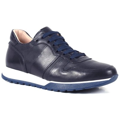 Baskets en cuir bleu marine perforé pour homme, à lacets bleus et semelle blanche crantée bicolore sport-chic Baskets en cuir bleu marine perforé pour homme, à lacets bleus et semelle blanche crantée bicolore sport-chic