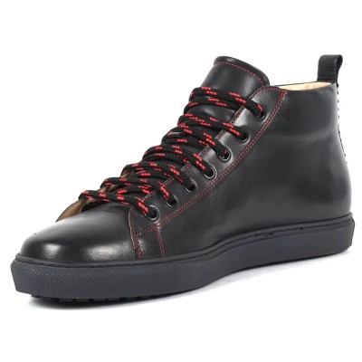 Basket montante en cuir noir pour homme avec lacets rouges et semelle noir– style urbain élégant Basket montante en cuir noir pour homme avec lacets rouges et semelle noir– style urbain élégant