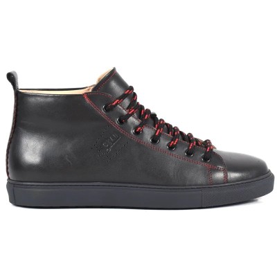 Basket montante en cuir noir pour homme avec lacets rouges et semelle noir– style urbain élégant Basket montante en cuir noir pour homme avec lacets rouges et semelle noir– style urbain élégant