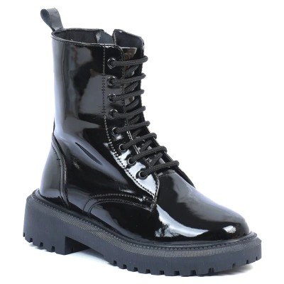 Boots fille noires vernies à lacets avec fermeture zippée et semelle crantée Boots fille noires vernies à lacets avec fermeture zippée et semelle crantée
