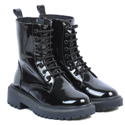 Boots fille noires vernies à lacets avec fermeture zippée et semelle crantée Boots fille noires vernies à lacets avec fermeture zippée et semelle crantée