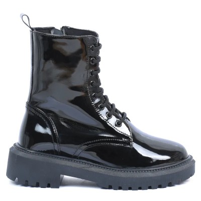 Boots fille noires vernies à lacets avec fermeture zippée et semelle crantée Boots fille noires vernies à lacets avec fermeture zippée et semelle crantée
