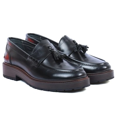 Mocassins femme en cuir noir ANDREA BRUNI AB-113-1-ABRAN avec semelle plateforme et pompons élégants Mocassins femme en cuir noir ANDREA BRUNI AB-113-1-ABRAN avec semelle plateforme et pompons élégants