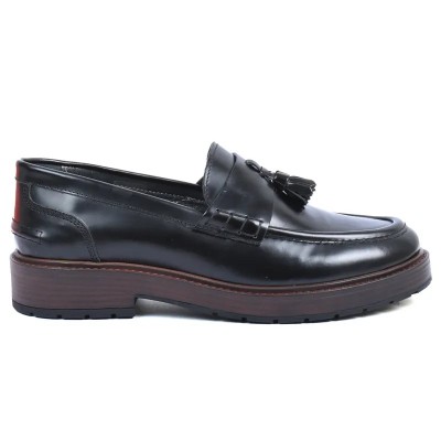 Mocassins femme en cuir noir ANDREA BRUNI AB-113-1-ABRAN avec semelle plateforme et pompons élégants Mocassins femme en cuir noir ANDREA BRUNI AB-113-1-ABRAN avec semelle plateforme et pompons élégants