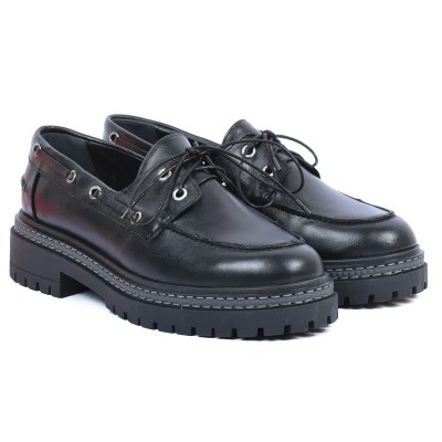 Chaussures bateau femme en cuir noir ANDREA BRUNI AB-360-7-N avec semelle caoutchouc épaisse