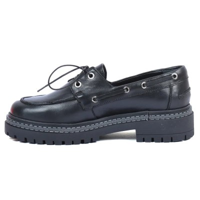 Chaussures bateau femme en cuir noir ANDREA BRUNI AB-360-7-N avec semelle caoutchouc épaisse