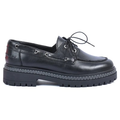 Chaussures bateau femme en cuir noir ANDREA BRUNI AB-360-7-N avec semelle caoutchouc épaisse