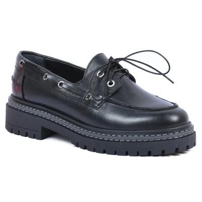 Chaussures bateau femme en cuir noir ANDREA BRUNI AB-360-7-N avec semelle caoutchouc épaisse