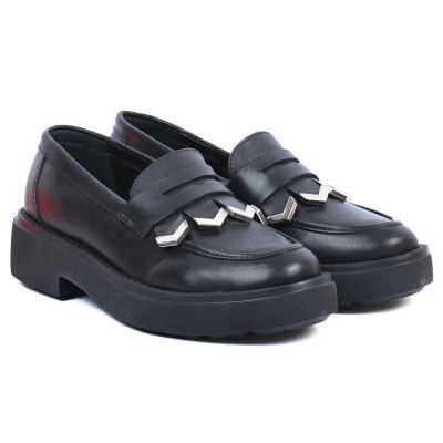 Mocassins femme en cuir noir ANDREA BRUNI AB-919-2-N avec bijou métallique élégant