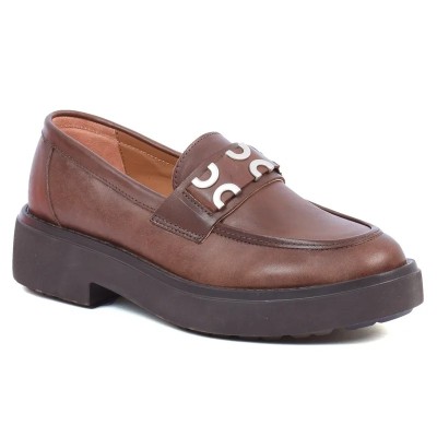 Mocassins femme en cuir marron ANDREA BRUNI AB-919-3-M avec ornement décoratif argenté Mocassins femme en cuir marron ANDREA BRUNI AB-919-3-M avec ornement décoratif argenté