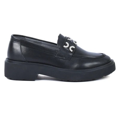 Mocassins femme en cuir noir ANDREA BRUNI AB-919-3-N avec ornement décoratif argenté Mocassins femme en cuir noir ANDREA BRUNI AB-919-3-N avec ornement décoratif argenté