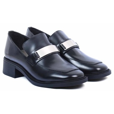 Mocassins femme en cuir noir ANDREA BRUNI AB-161-2-ABRAN avec bande dorée et talon moyen Mocassins femme en cuir noir ANDREA BRUNI AB-161-2-ABRAN avec bande dorée et talon moyen