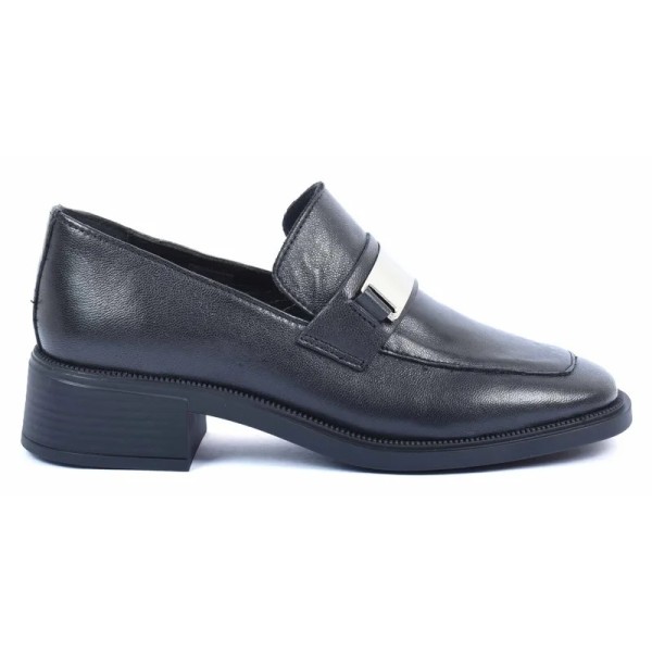 MOCASSINS FEMME CUIR NOIR À BANDE MÉTALLIQUE