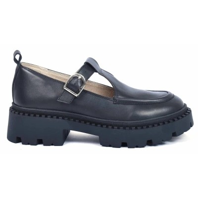 Mocassins femme en cuir noir ANDREA BRUNI AB-SPIKE-3-N avec semelle plateforme et bande élastique