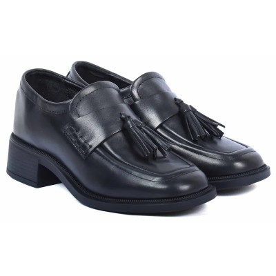 Mocassins femme ANDREA BRUNI AB-161-N en cuir noir lisse avec pompons et talon carré Mocassins femme ANDREA BRUNI AB-161-N en cuir noir lisse avec pompons et talon carré