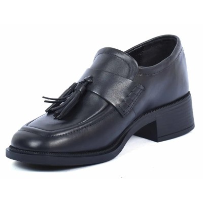 Mocassins femme ANDREA BRUNI AB-161-N en cuir noir lisse avec pompons et talon carré Mocassins femme ANDREA BRUNI AB-161-N en cuir noir lisse avec pompons et talon carré
