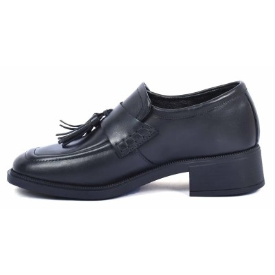 Mocassins femme ANDREA BRUNI AB-161-N en cuir noir lisse avec pompons et talon carré Mocassins femme ANDREA BRUNI AB-161-N en cuir noir lisse avec pompons et talon carré