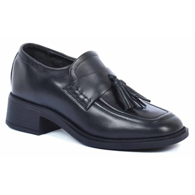 Mocassins femme ANDREA BRUNI AB-161-N en cuir noir lisse avec pompons et talon carré Mocassins femme ANDREA BRUNI AB-161-N en cuir noir lisse avec pompons et talon carré