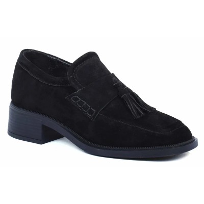 Mocassins femme ANDREA BRUNI AB-161-DN en daim noir avec pompons et talon moyen Mocassins femme ANDREA BRUNI AB-161-DN en daim noir avec pompons et talon moyen