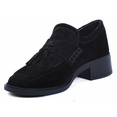 Mocassins femme ANDREA BRUNI AB-161-DN en daim noir avec pompons et talon moyen Mocassins femme ANDREA BRUNI AB-161-DN en daim noir avec pompons et talon moyen