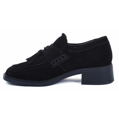 Mocassins femme ANDREA BRUNI AB-161-DN en daim noir avec pompons et talon moyen Mocassins femme ANDREA BRUNI AB-161-DN en daim noir avec pompons et talon moyen