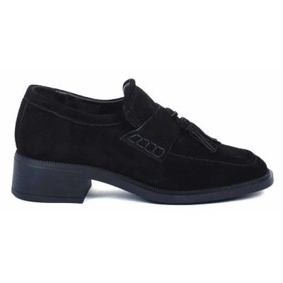 Mocassins femme ANDREA BRUNI AB-161-DN en daim noir avec pompons et talon moyen Mocassins femme ANDREA BRUNI AB-161-DN en daim noir avec pompons et talon moyen