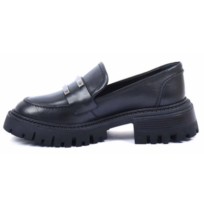 Mocassins femme ANDREA BRUNI AB-225-5-N en cuir noir avec double barre argentée et semelle épaisse Mocassins femme ANDREA BRUNI AB-225-5-N en cuir noir avec double barre argentée et semelle épaisse