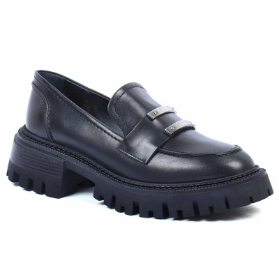 Mocassins femme ANDREA BRUNI AB-225-5-N en cuir noir avec double barre argentée et semelle épaisse Mocassins femme ANDREA BRUNI AB-225-5-N en cuir noir avec double barre argentée et semelle épaisse
