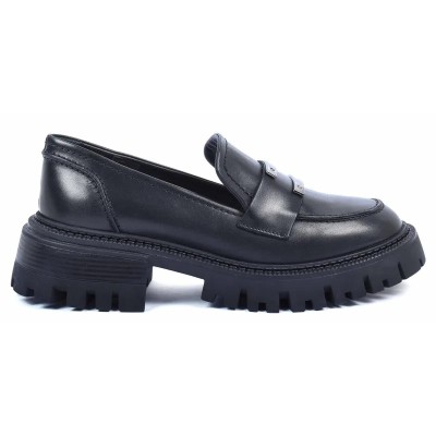 Mocassins femme ANDREA BRUNI AB-225-5-N en cuir noir avec double barre argentée et semelle épaisse Mocassins femme ANDREA BRUNI AB-225-5-N en cuir noir avec double barre argentée et semelle épaisse