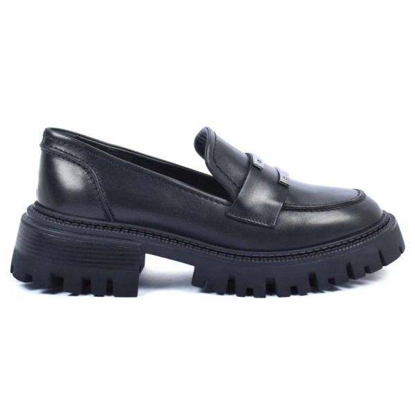 MOCASSINS FEMME CUIR NOIR À ORNEMENT MÉTALLIQUE